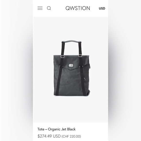 QWSTION Tote - Organic Jet Black Bag $274 - Picture 1 of 9